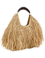Side view of St. Barths Kayla straw fringe handbag in natural