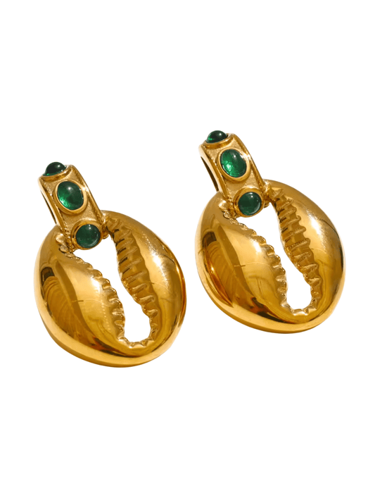 St. Barths Kiki green and gold puka shell dangle earrings with gemstone detail