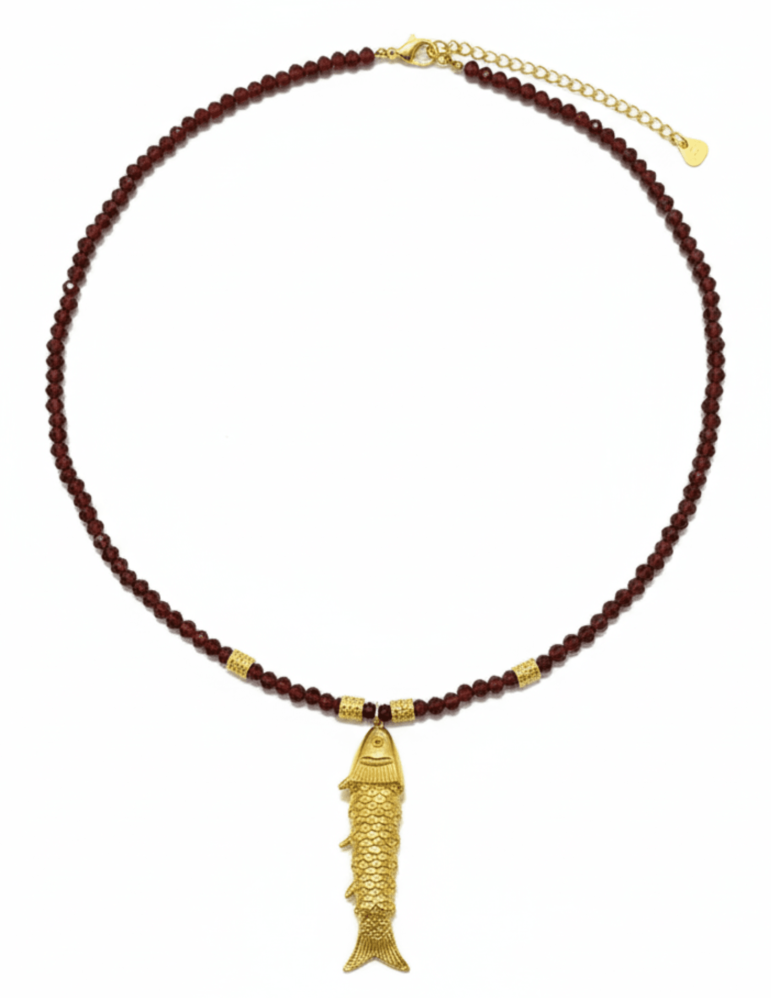 Brown beaded necklace with articulated gold fish charm