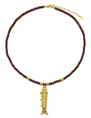 Brown beaded necklace with articulated gold fish charm