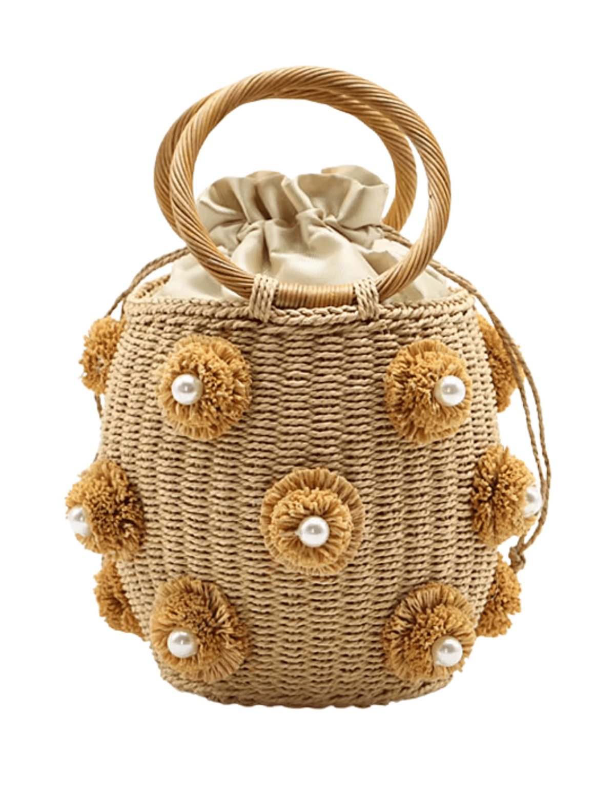 St. Barths La Robe Daisy straw bucket bag in natural with pearl floral details