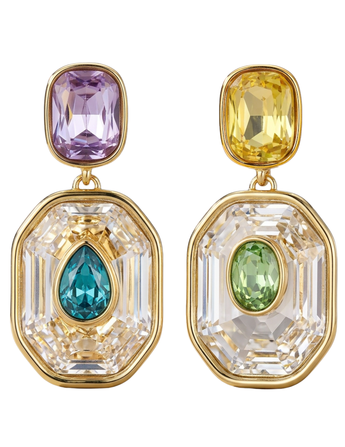 St. Barths La Robe Dariya Earrings in Clear Multi featuring colorful clear, purple, yellow, blue, and green rhinestones in an asymmetrical octagonal gold-tone statement design.