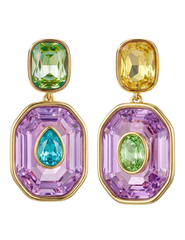 St. Barths La Robe Dariya Earrings in Purple Multi featuring colorful purple, yellow, blue, and green rhinestones in an asymmetrical octagonal gold-tone statement design