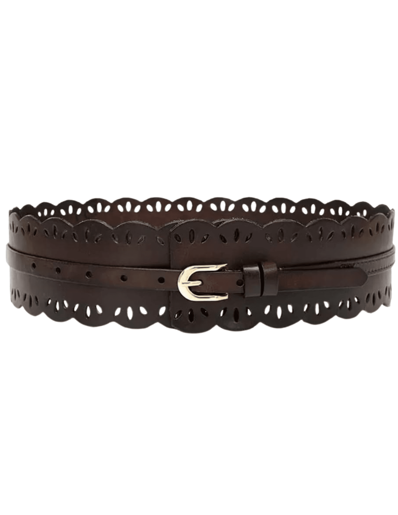 St. Barths La Robe dark chocolate leather waist belt with laser-cut details and gold buckle