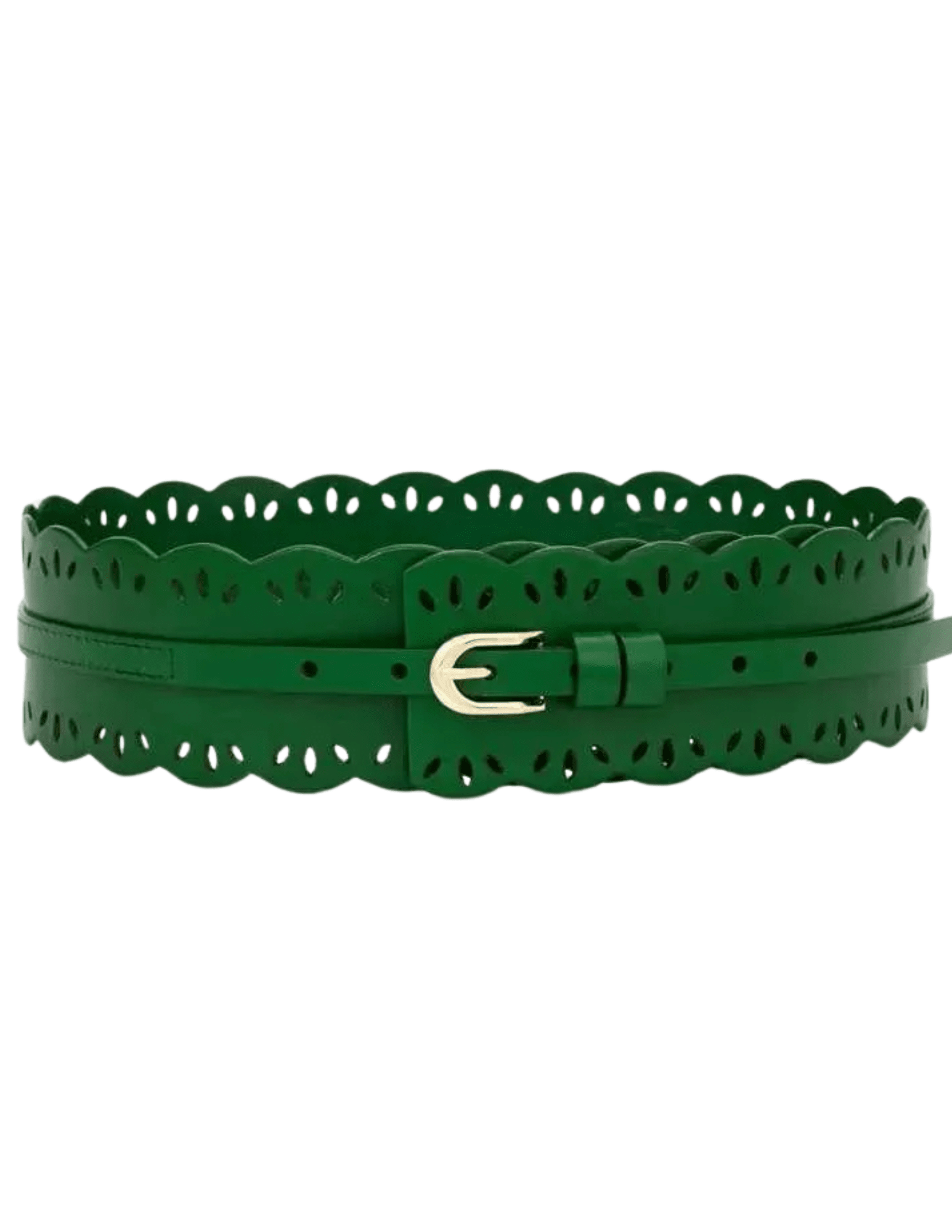 St. Barths La Robe green leather waist belt with laser-cut detailing and gold buckle