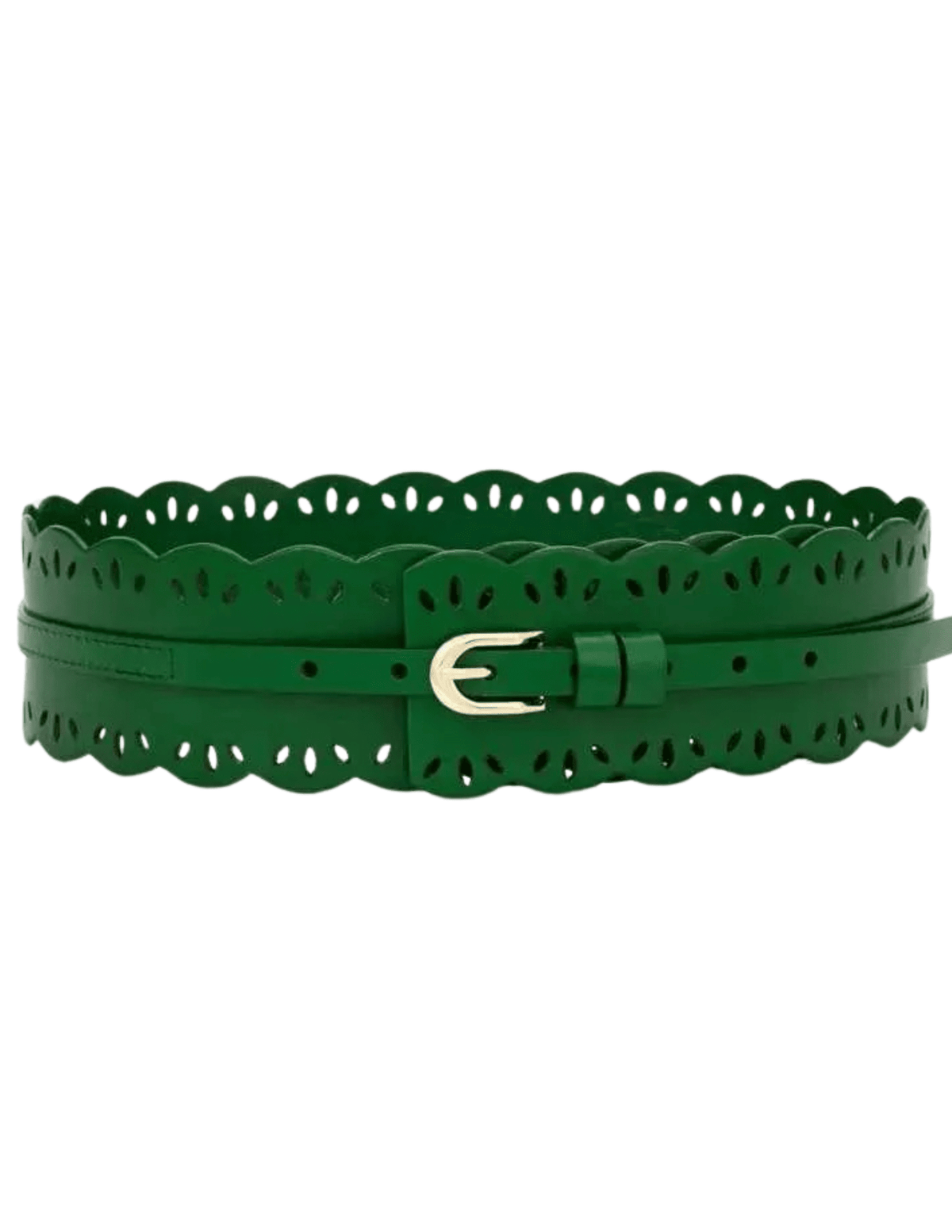 St. Barths La Robe green leather waist belt with laser-cut detailing and gold buckle