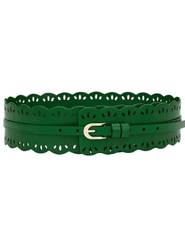 St. Barths La Robe green leather waist belt with laser-cut detailing and gold buckle