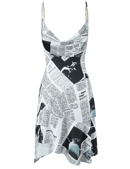 Back view of Newspaper print swim cover-up dress by St. Barths La Robe