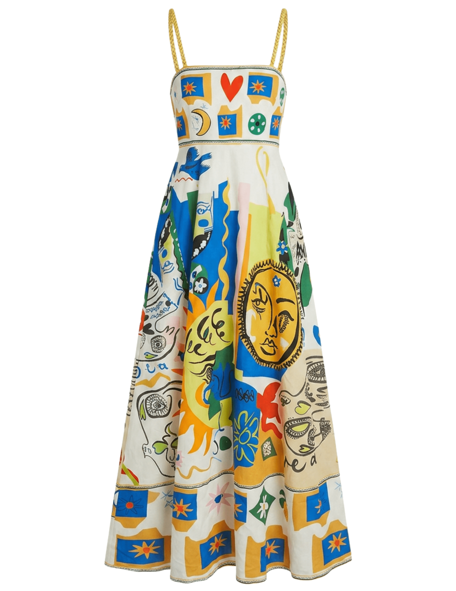 St. Barths La Robe Josephine Printed Midi Dress in Abstract Sunshine Doodle featuring a colorful tropical-inspired print, square neckline, adjustable straps, and a flowing midi silhouette.
