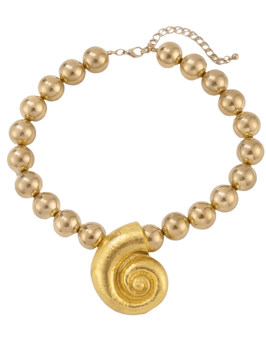 St. Barths La Robe Laguna gold beaded statement necklace with spiral seashell pendant