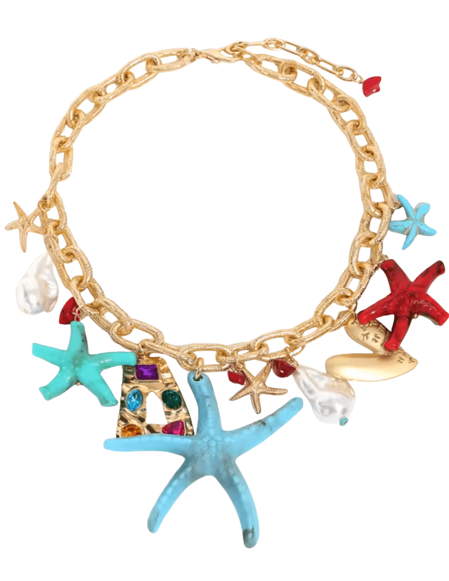 St. Barths La Robe Lani Starfish Necklace in Gold Multi with Oversized Starfish and Pearl-Inspired Charms”