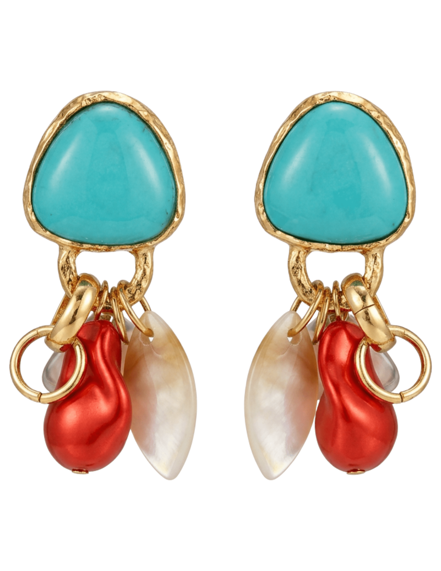 Shop the St. Barths La Robe Nora Turquoise Charm Earrings featuring turquoise stones, red baroque-inspired pearls, seashell charms, and gold-tone detailing.