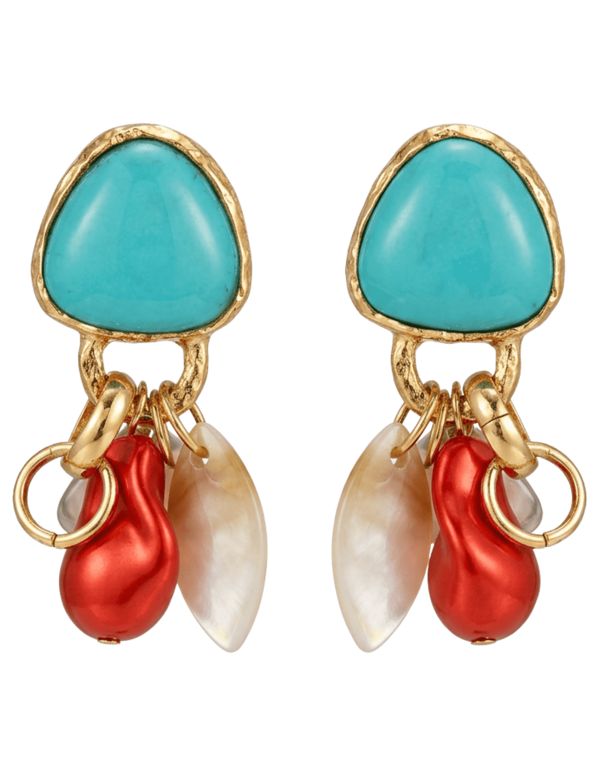 Shop the St. Barths La Robe Nora Turquoise Charm Earrings featuring turquoise stones, red baroque-inspired pearls, seashell charms, and gold-tone detailing.