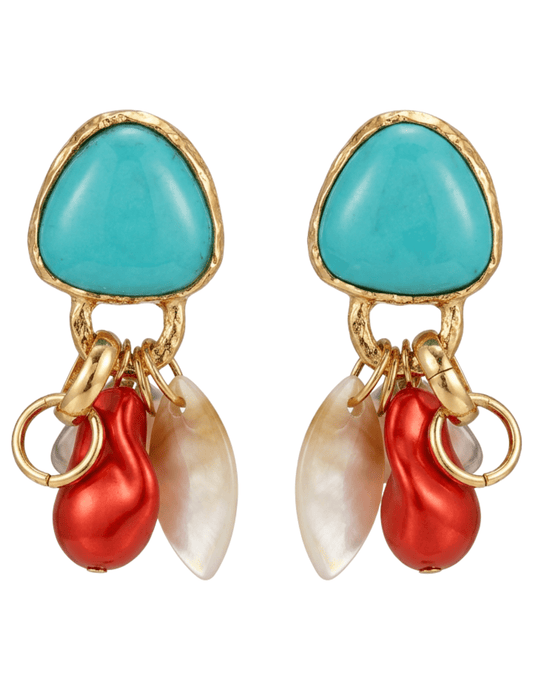 Shop the St. Barths La Robe Nora Turquoise Charm Earrings featuring turquoise stones, red baroque-inspired pearls, seashell charms, and gold-tone detailing.