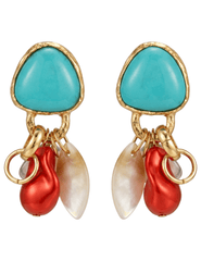 Shop the St. Barths La Robe Nora Turquoise Charm Earrings featuring turquoise stones, red baroque-inspired pearls, seashell charms, and gold-tone detailing.