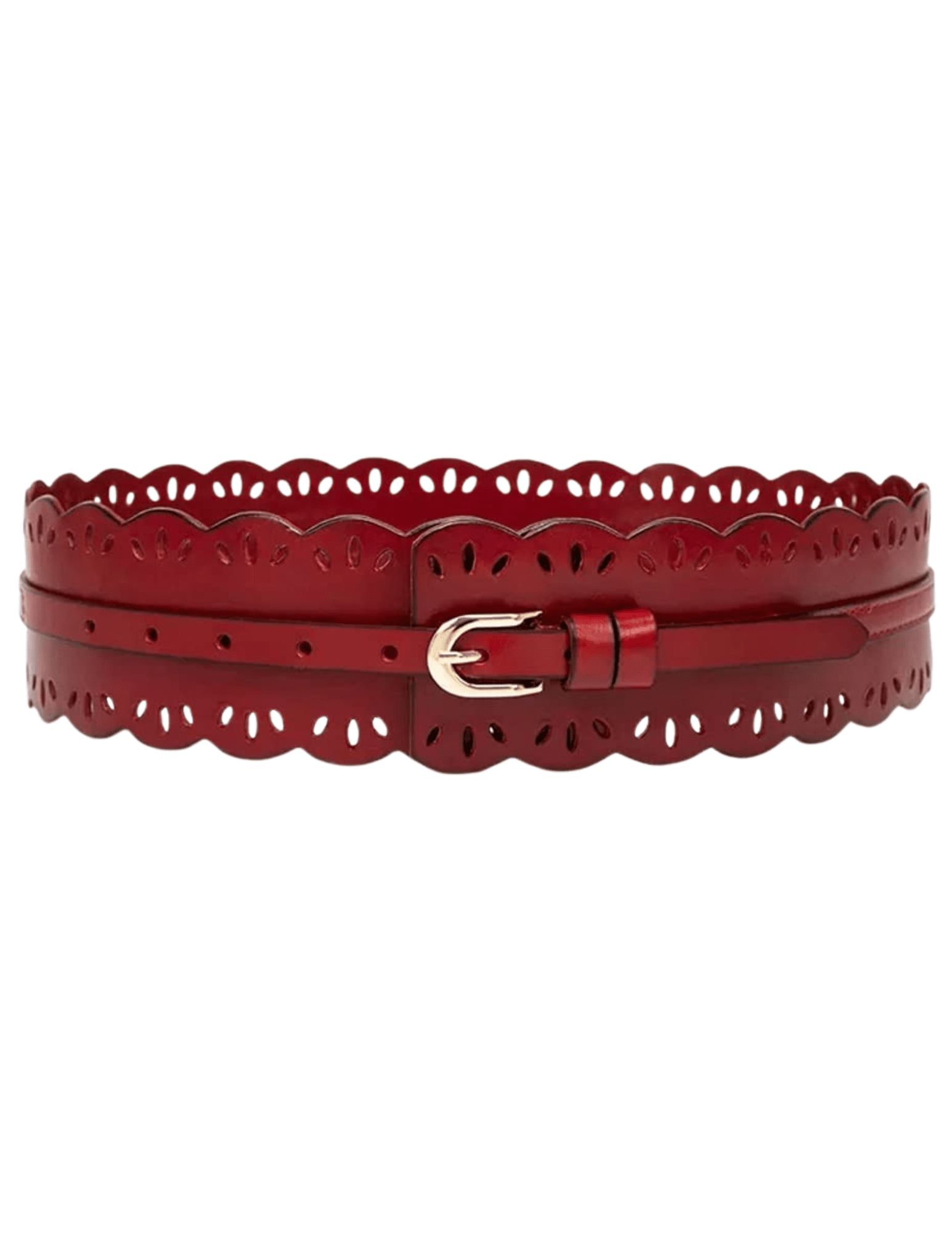 St. Barths La Robe red leather waist belt with laser-cut detailing and gold buckle