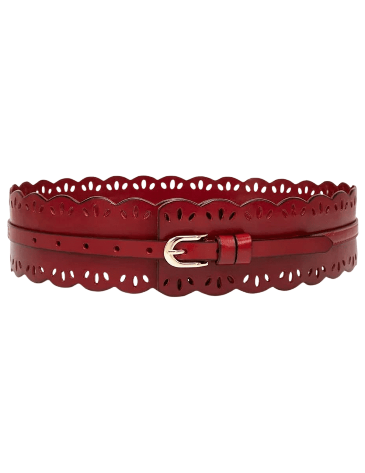 St. Barths La Robe red leather waist belt with laser-cut detailing and gold buckle