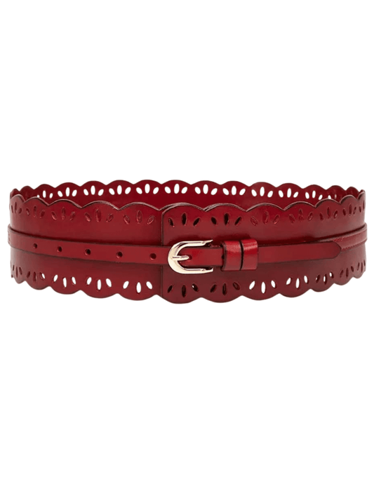 St. Barths La Robe red leather waist belt with laser-cut detailing and gold buckle