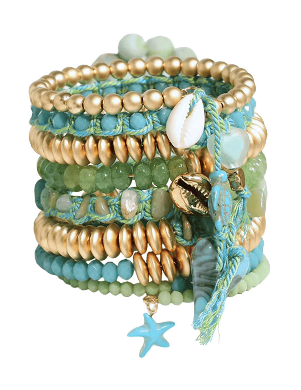 St. Barths La Robe Sandy Beaded Wrap Bracelet in Green, Blue and Gold – Multi-Layer Coil Style