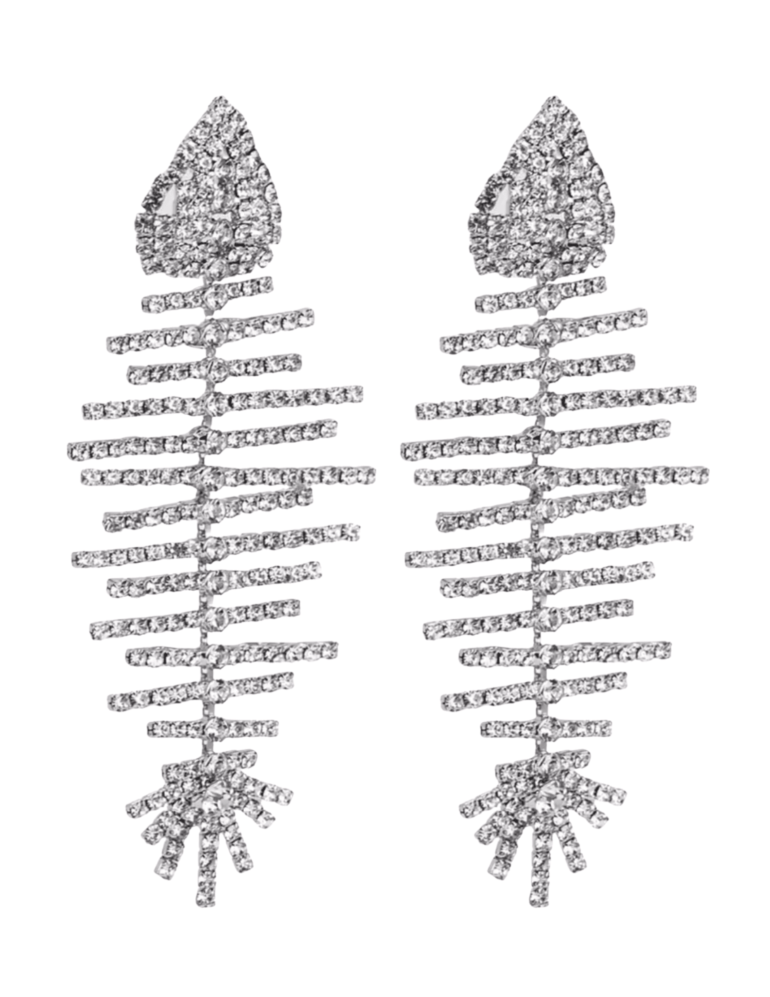 “St. Barths La Robe Tetra Fish Rhinestone Earrings in silver fishbone motif front view”