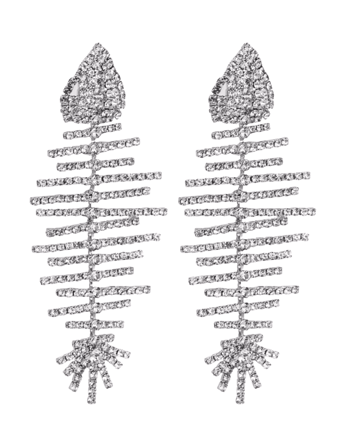 “St. Barths La Robe Tetra Fish Rhinestone Earrings in silver fishbone motif front view”