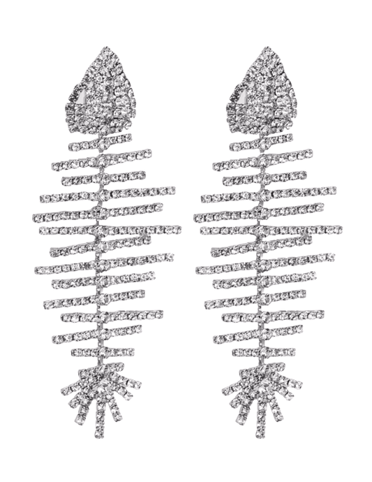 “St. Barths La Robe Tetra Fish Rhinestone Earrings in silver fishbone motif front view”