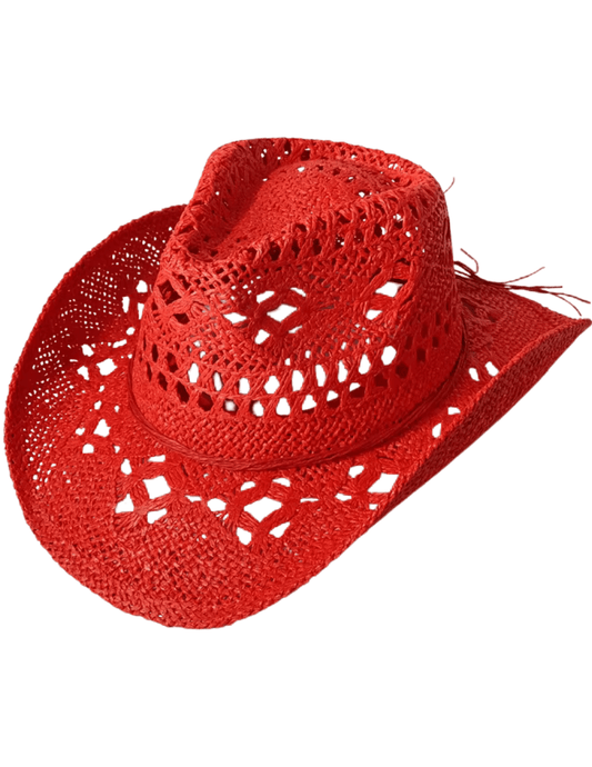 St. Barths red straw western hat open weave side view