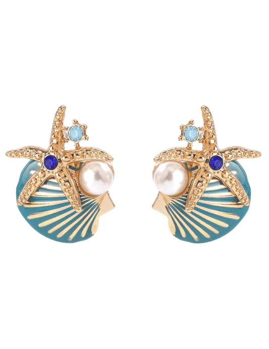 St. Barths Marie shell earrings with gold starfish and turquoise enamel