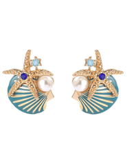 St. Barths Marie shell earrings with gold starfish and turquoise enamel