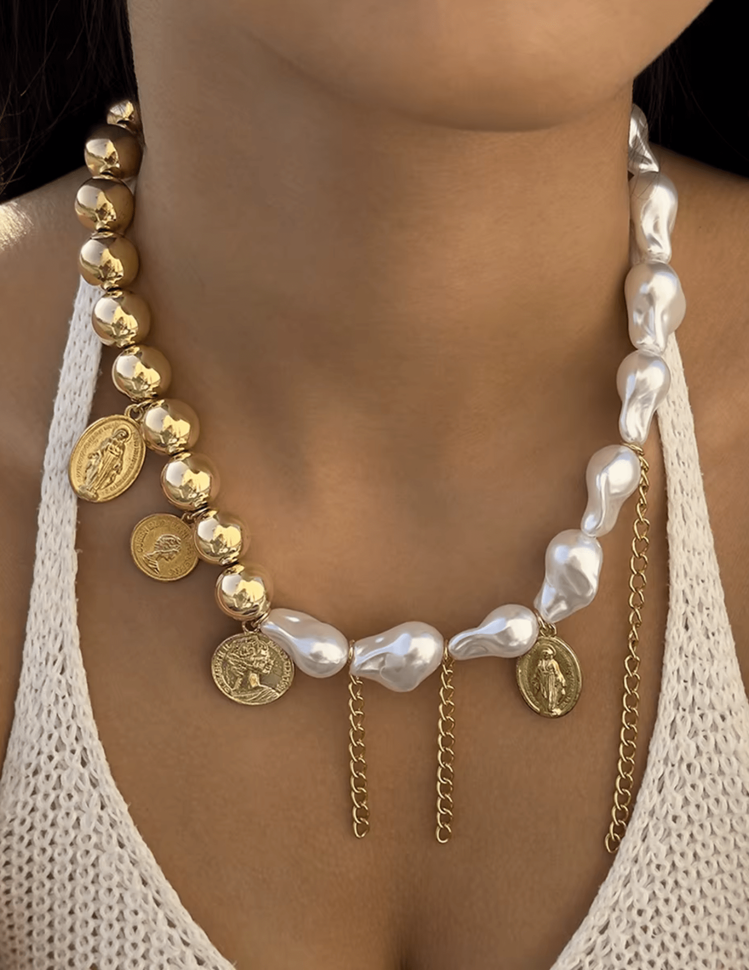 St. Barths Mollie pearl coin necklace with baroque pearls on neck