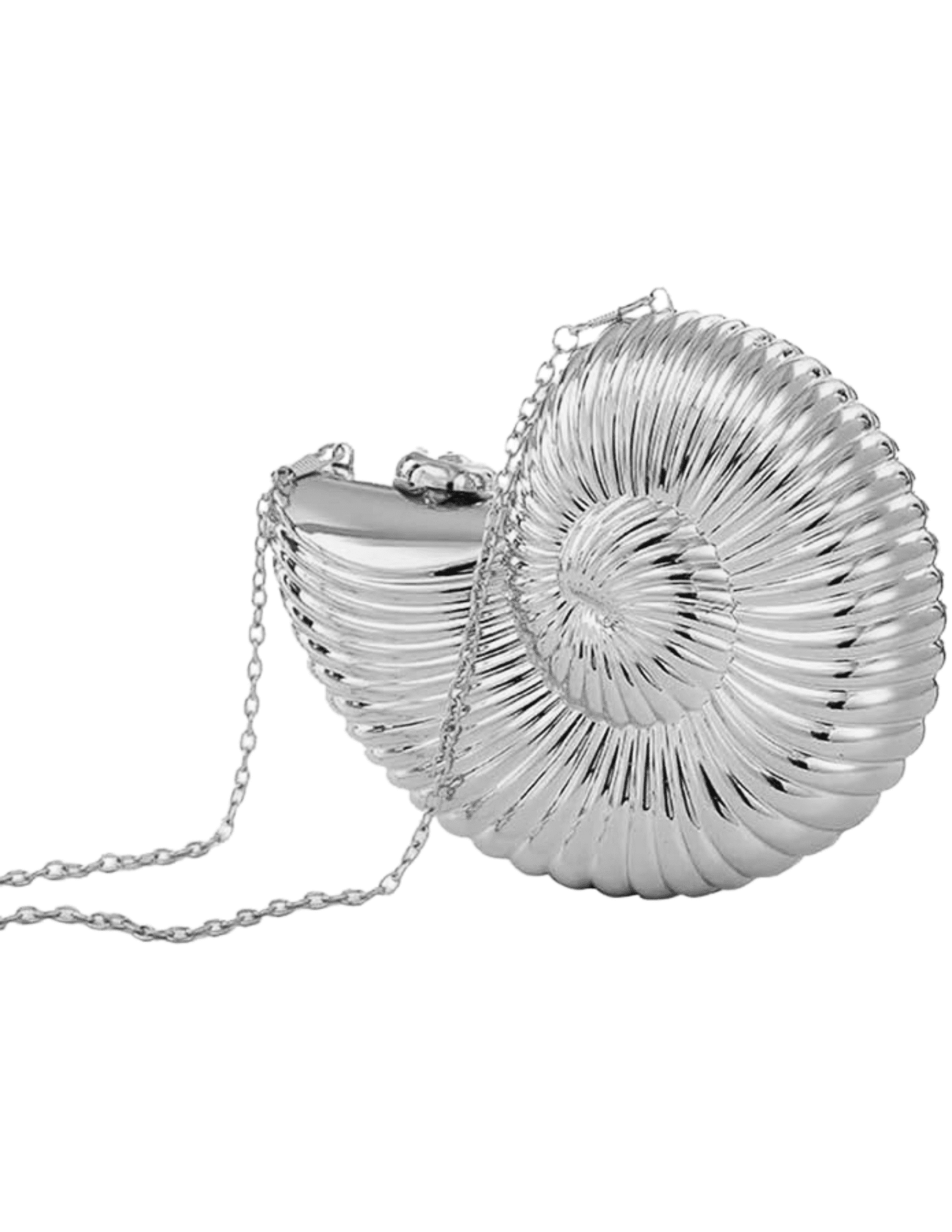 St Barths Nautilus metallic crossbody clutch in silver shell design