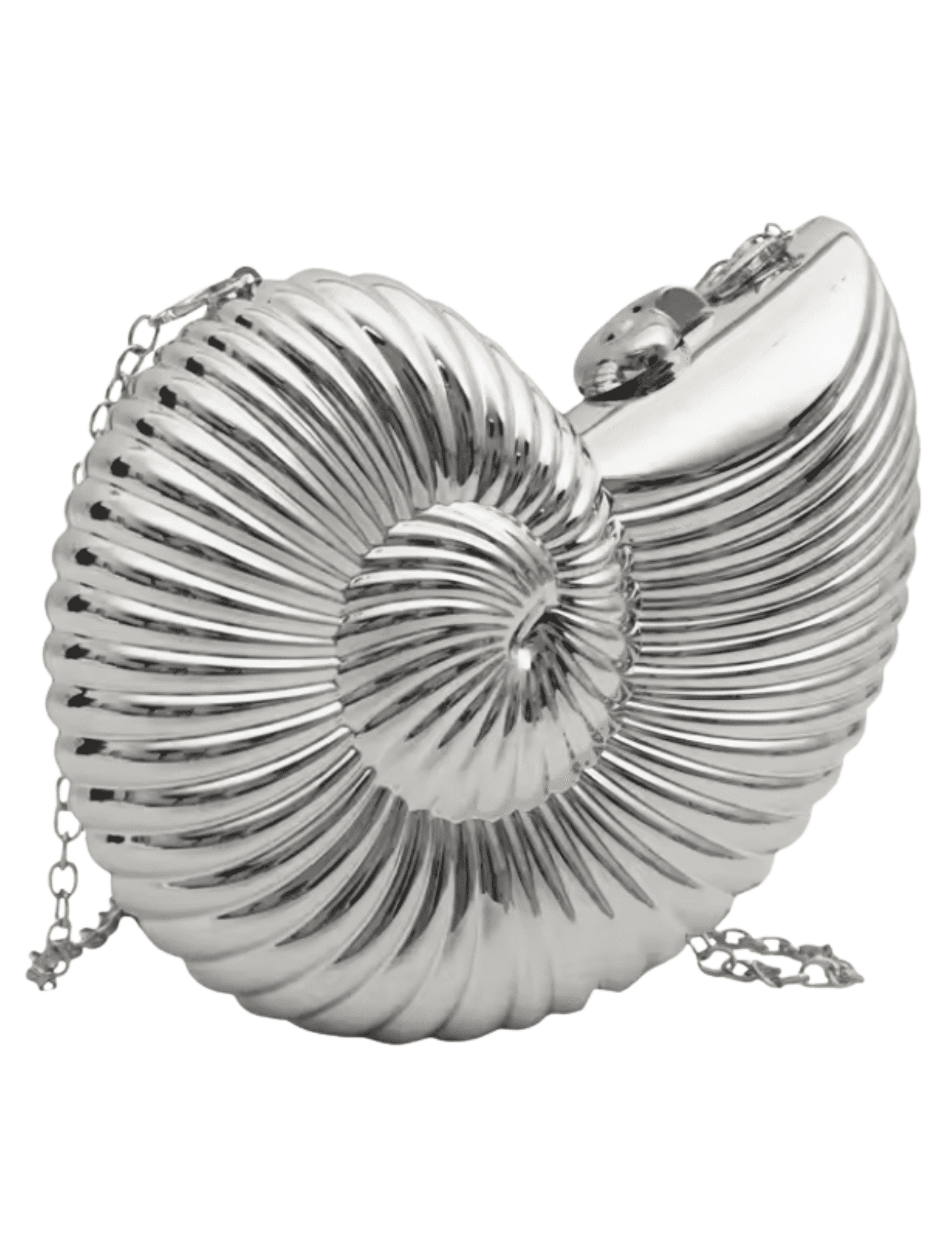 St Barths Nautilus metallic crossbody clutch in silver shell design