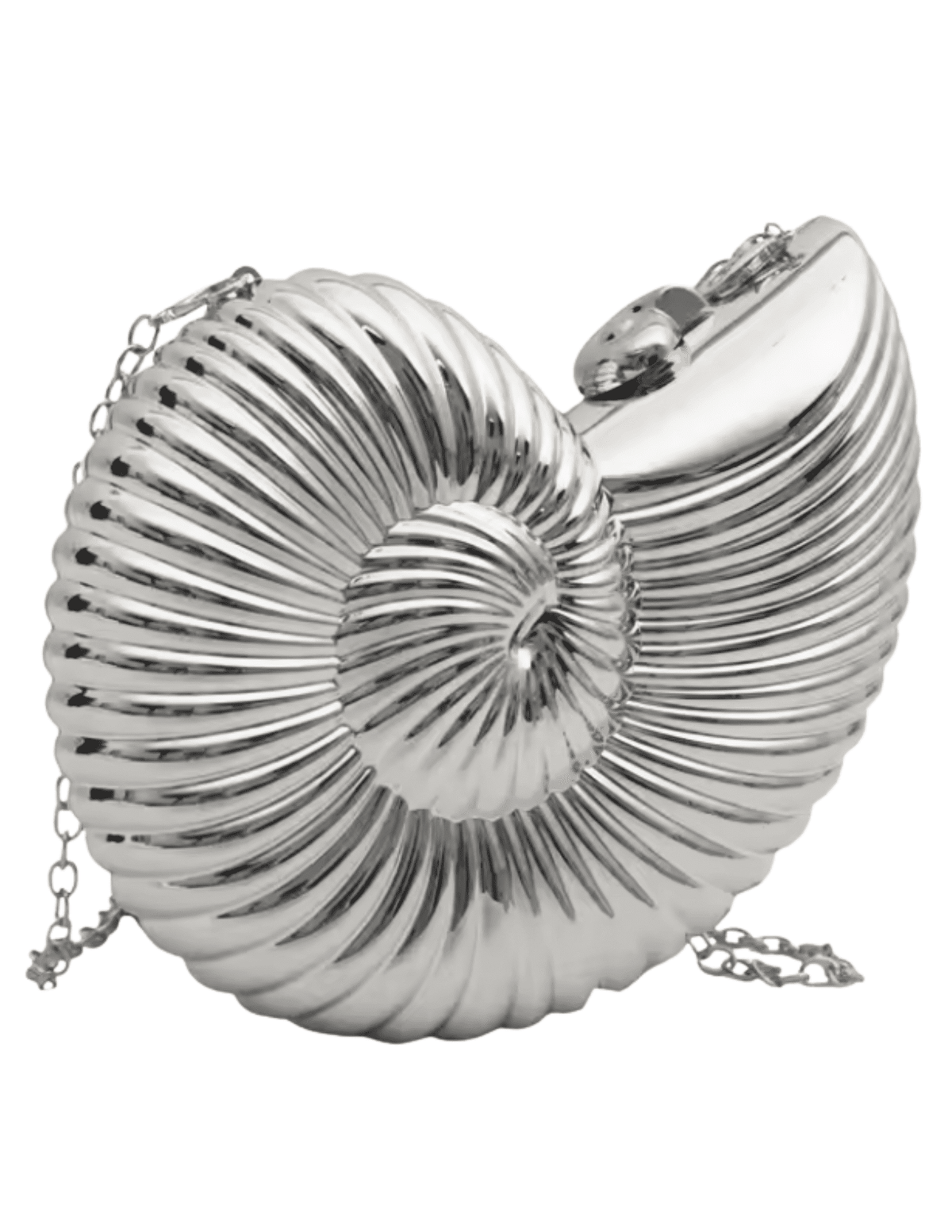 St Barths Nautilus metallic crossbody clutch in silver shell design