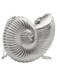St Barths Nautilus metallic crossbody clutch in silver shell design