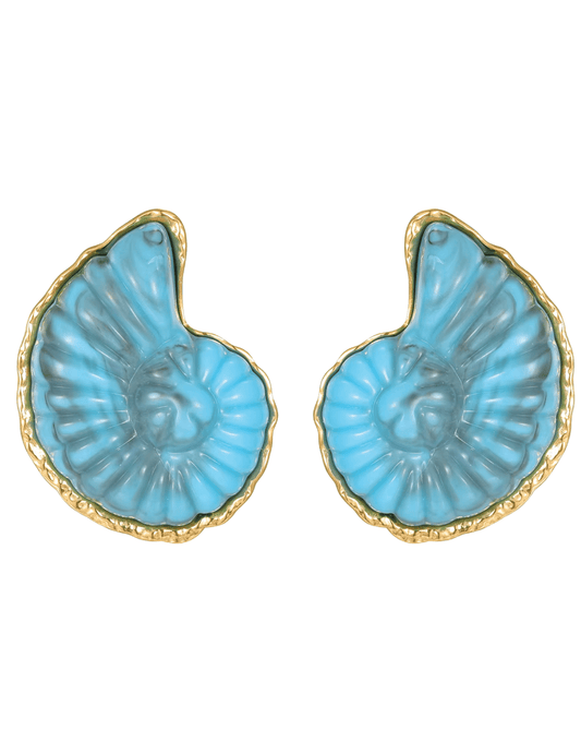 Blue and gold spiral shell statement earrings front view