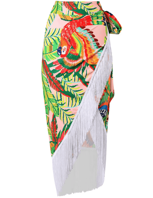 St. Barths La Robe Neon Parrots Fringe Sarong with white fringe trim