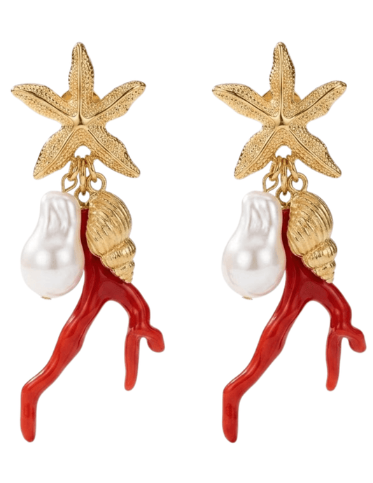 St Barths Nori coral starfish earrings gold red pearl