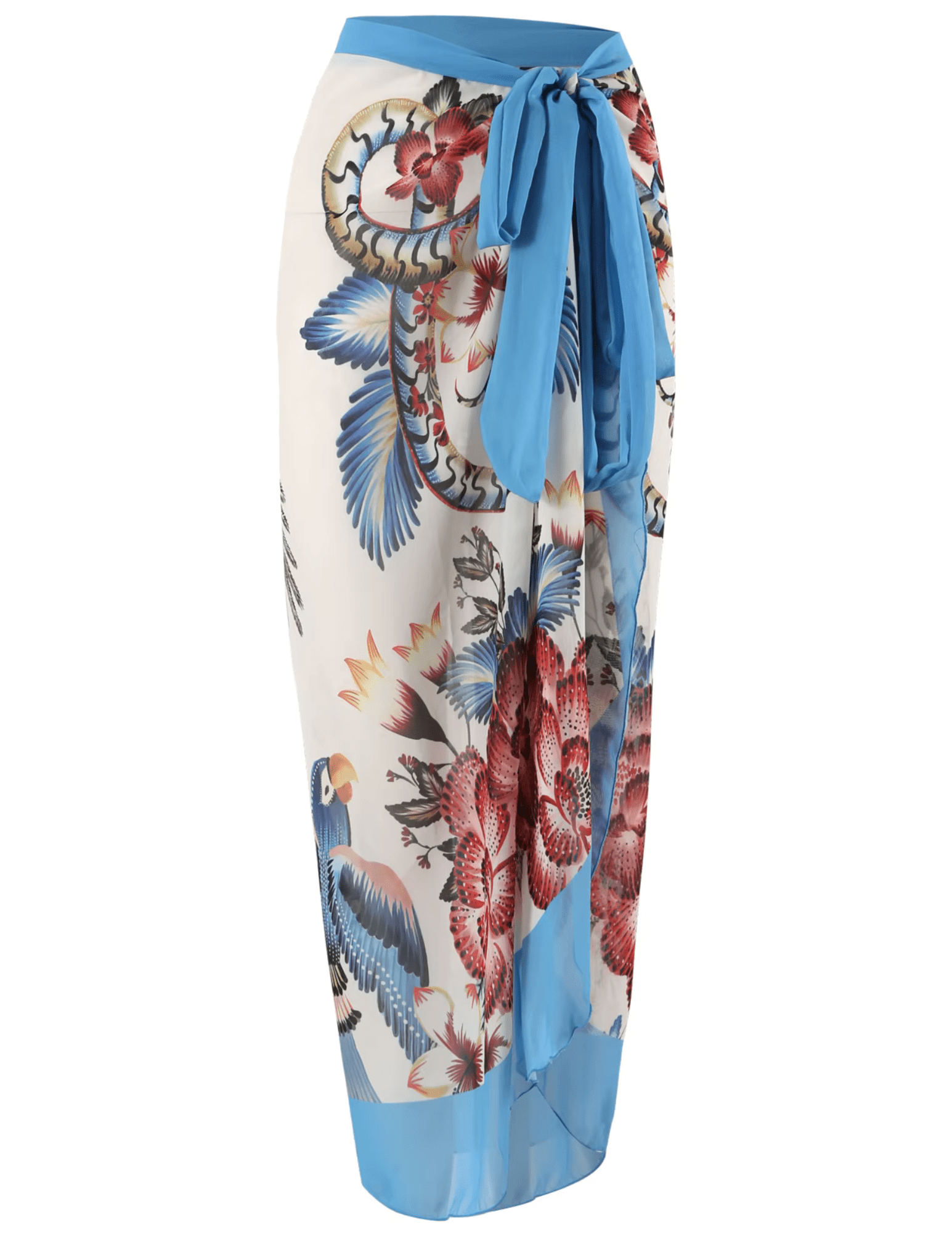 Front view of blue ivory tropical jungle maxi sarong with blue border