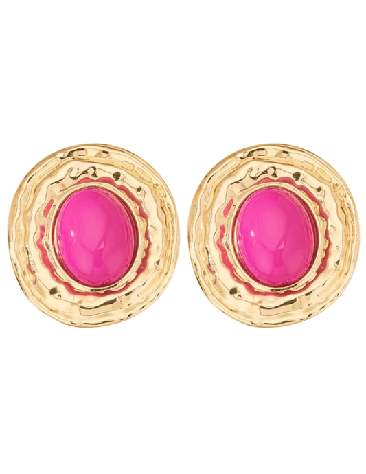 St Barths Paros hammered gold earrings with pink stone