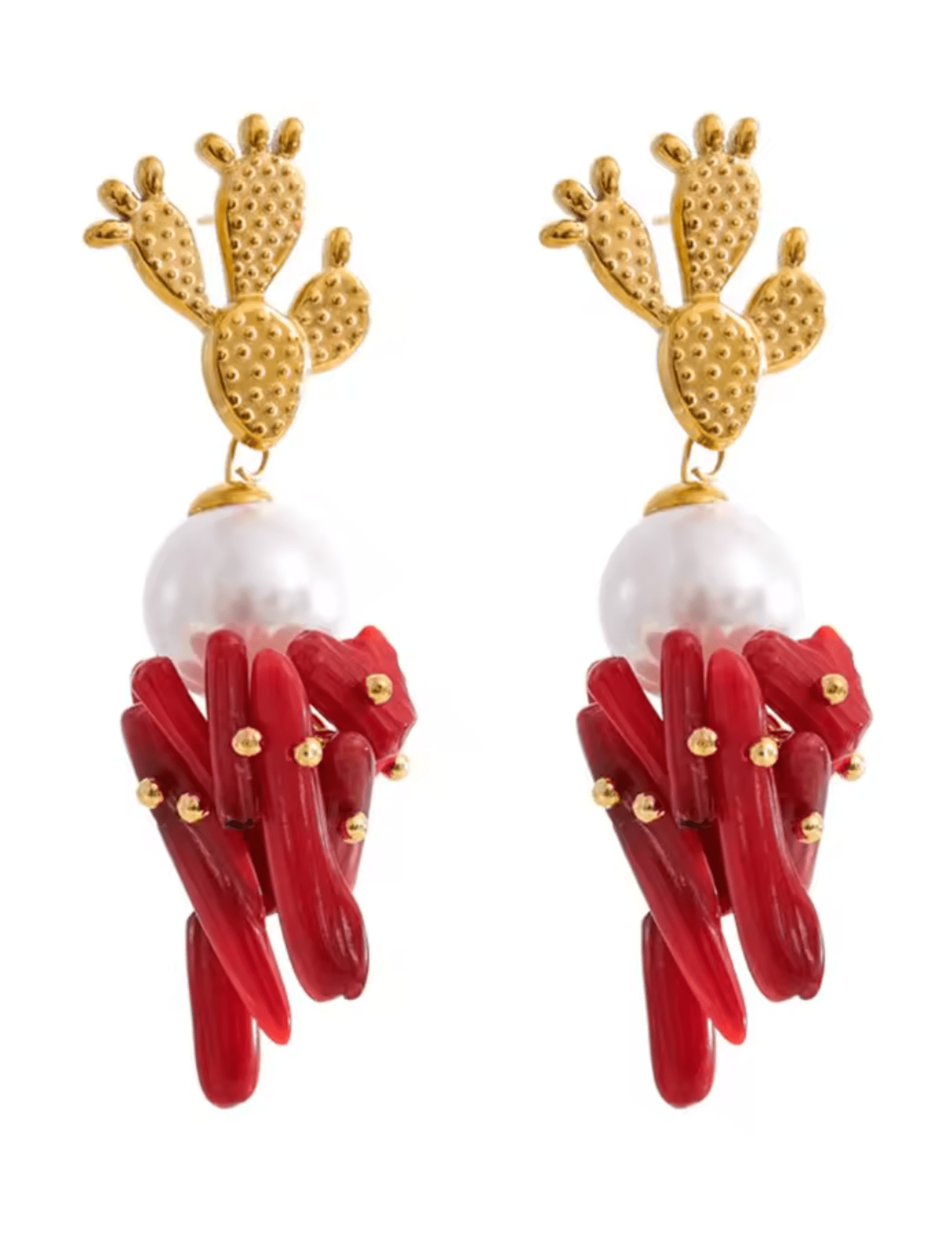 St Barths prickly pearl coral dangle earrings in gold pearl and red