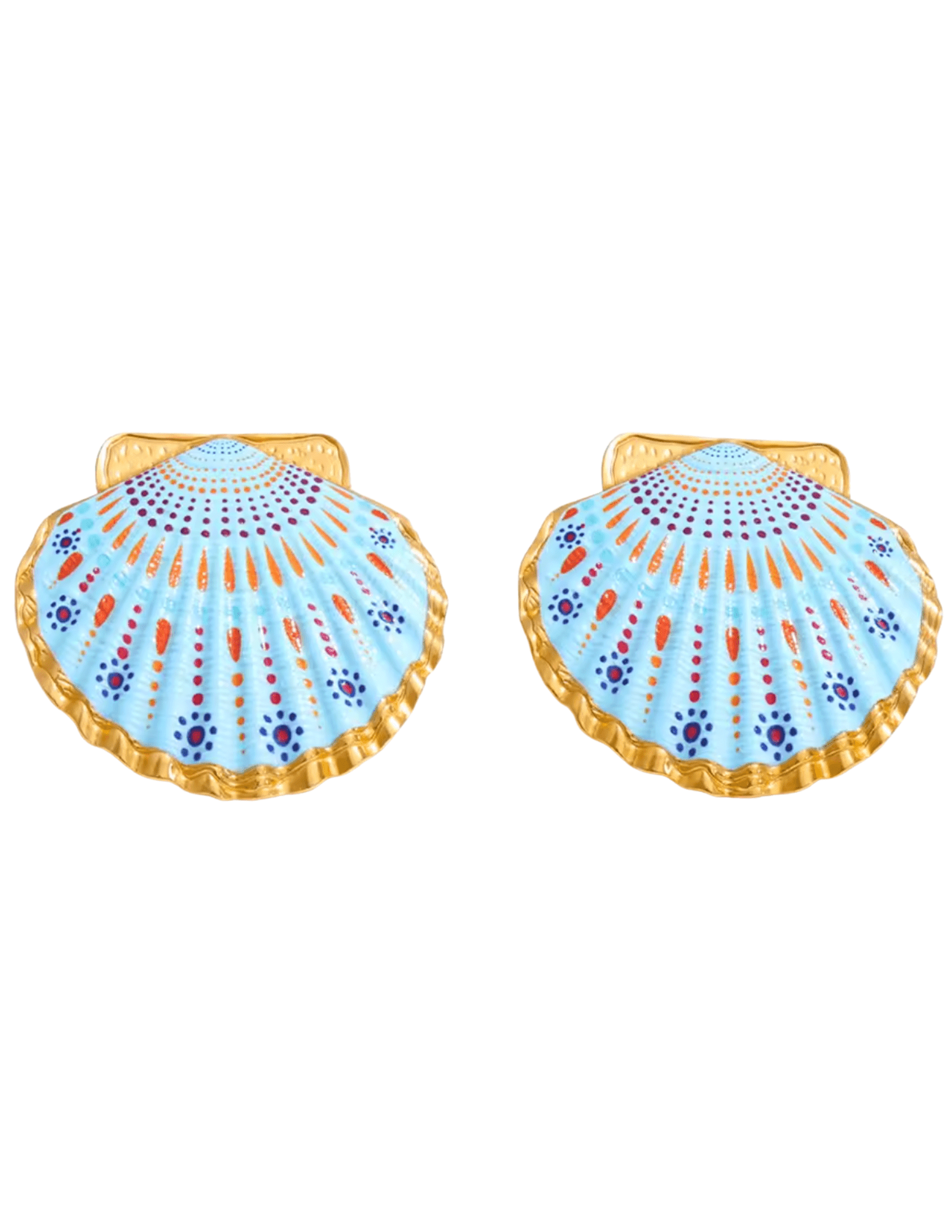 St Barths Rory printed shell earrings in blue dotted multi front view