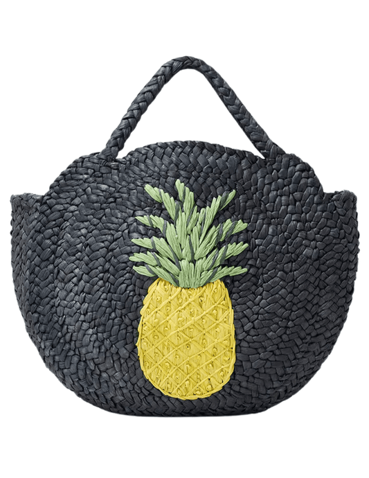 St Barths black straw beach bag with pineapple embroidery front view