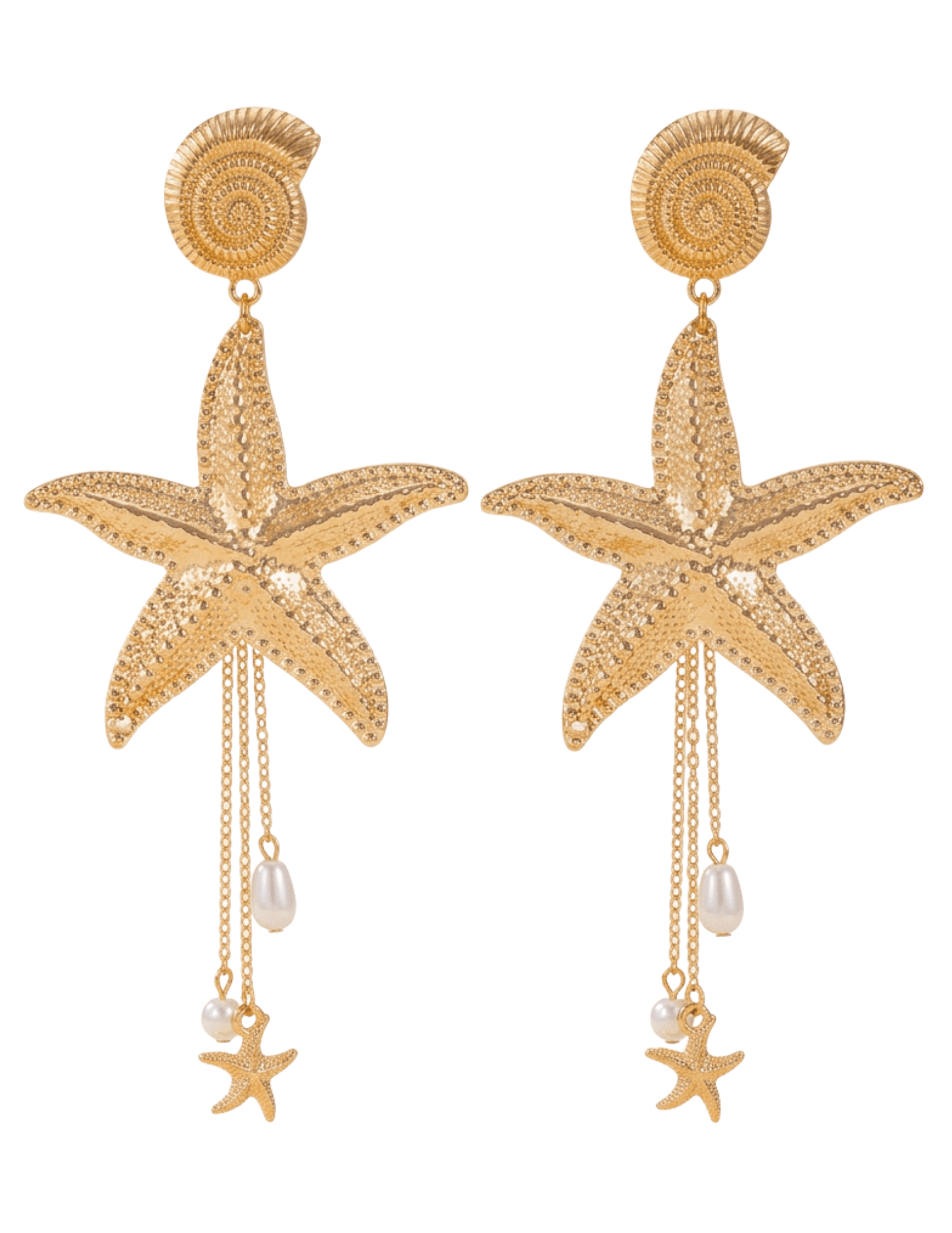 Gold starfish statement dangle earrings with spiral shell post