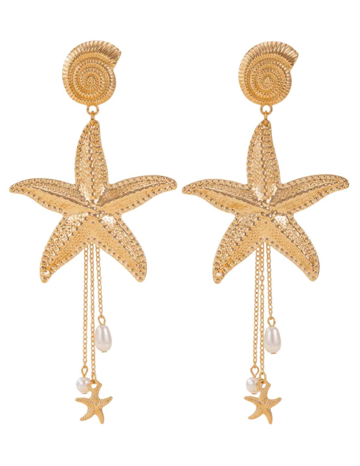 Gold starfish statement dangle earrings with spiral shell post