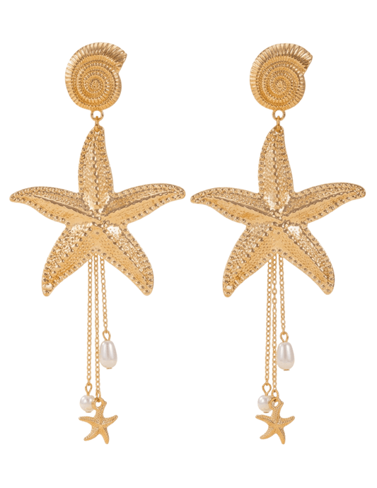 Gold starfish statement dangle earrings with spiral shell post