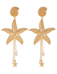 Gold starfish statement dangle earrings with spiral shell post