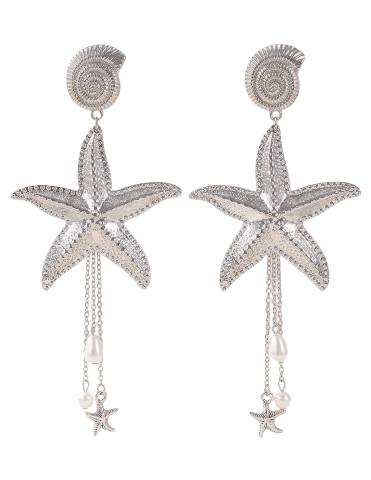 Silver starfish statement dangle earrings with spiral shell post