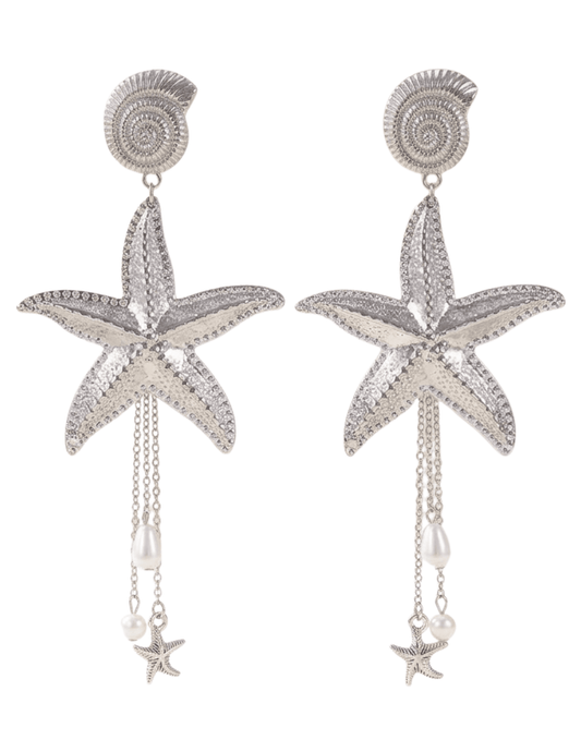 Silver starfish statement dangle earrings with spiral shell post