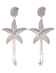 Silver starfish statement dangle earrings with spiral shell post
