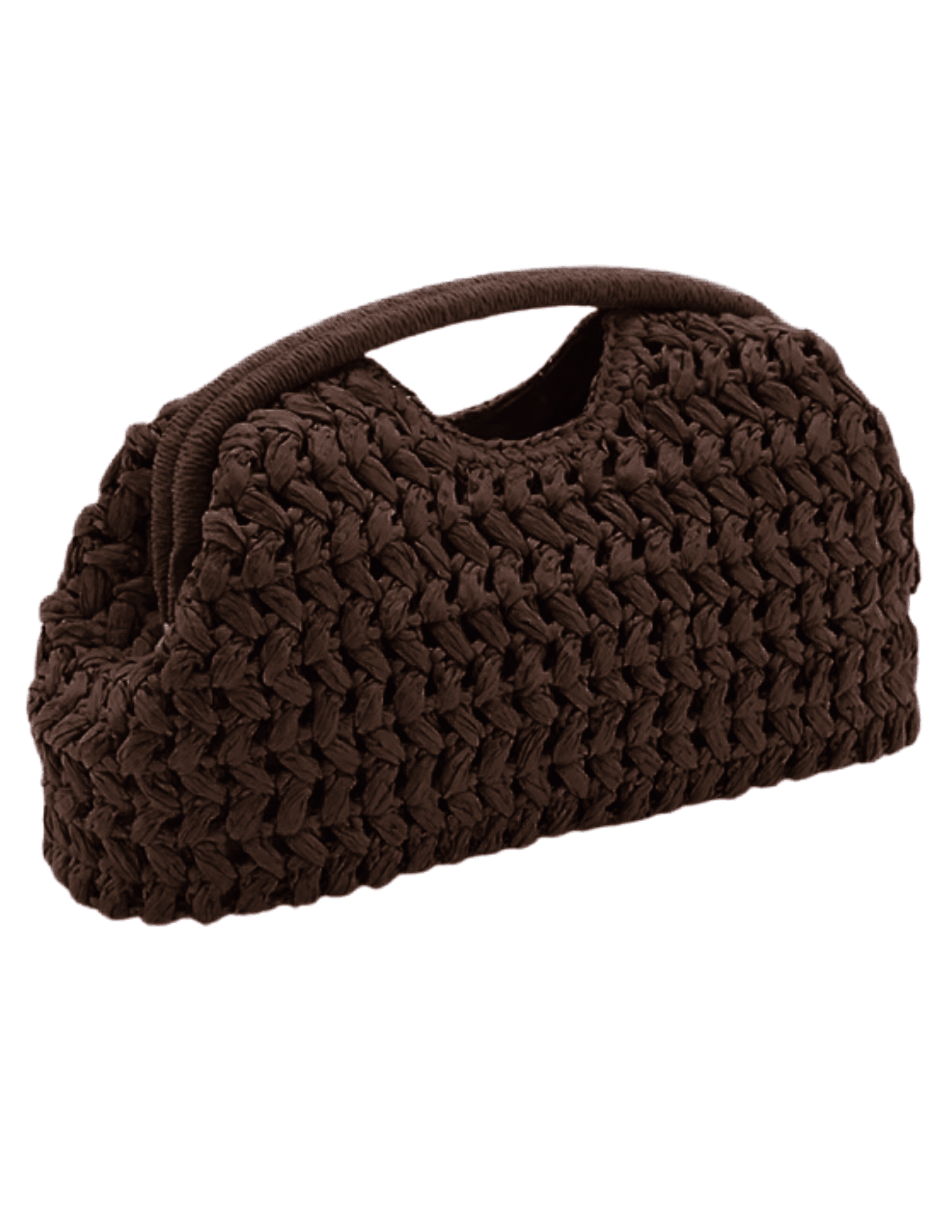 Side view of espresso woven straw clutch with structured wire frame opening